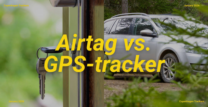 Blurred background of car parked outdoors on the right, keys hanging in a door of the left, text overlay 'Airtag vs. GPS-tracker' 