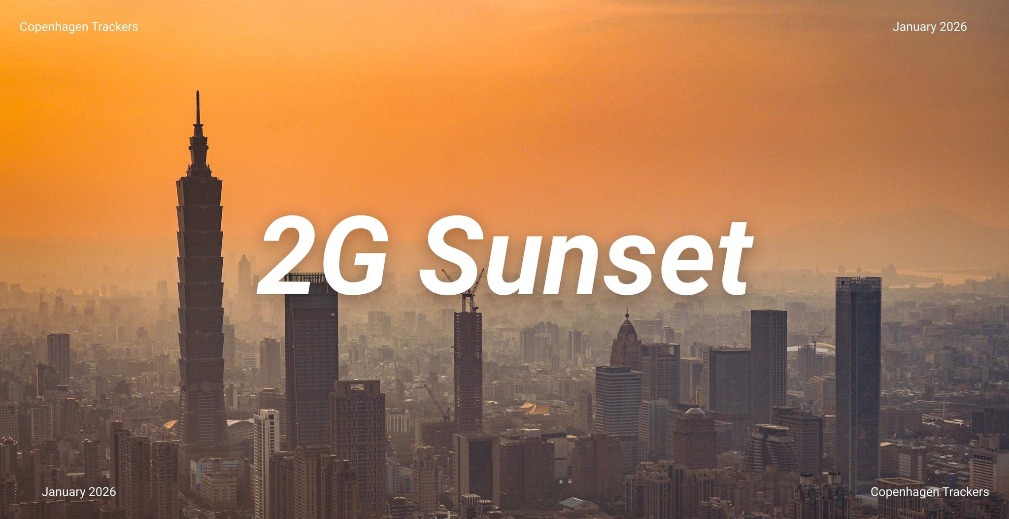 City skyline with '2G Sunset' text overlay during sunset.