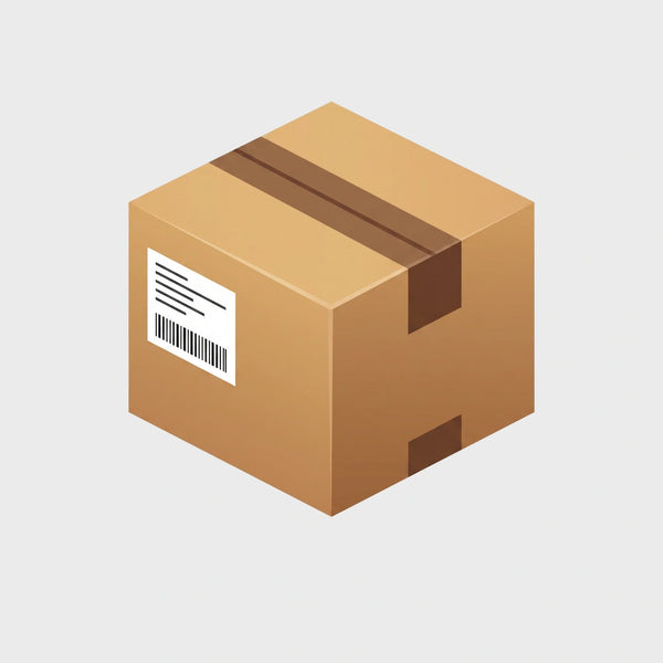 Light brown shipping package with a white label on left side and dark brown tape on top