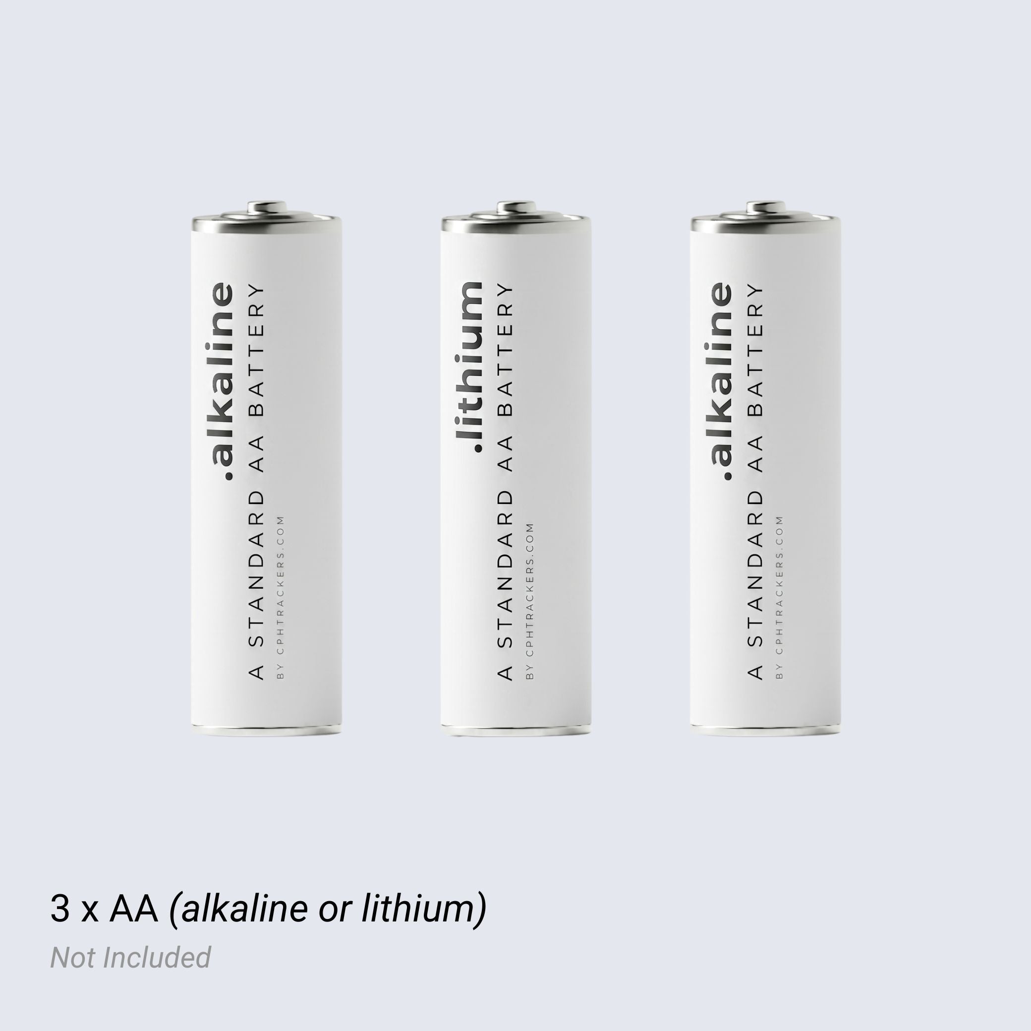 Three AA batteries labeled 'alkaline' and 'lithium' on a light gray background.