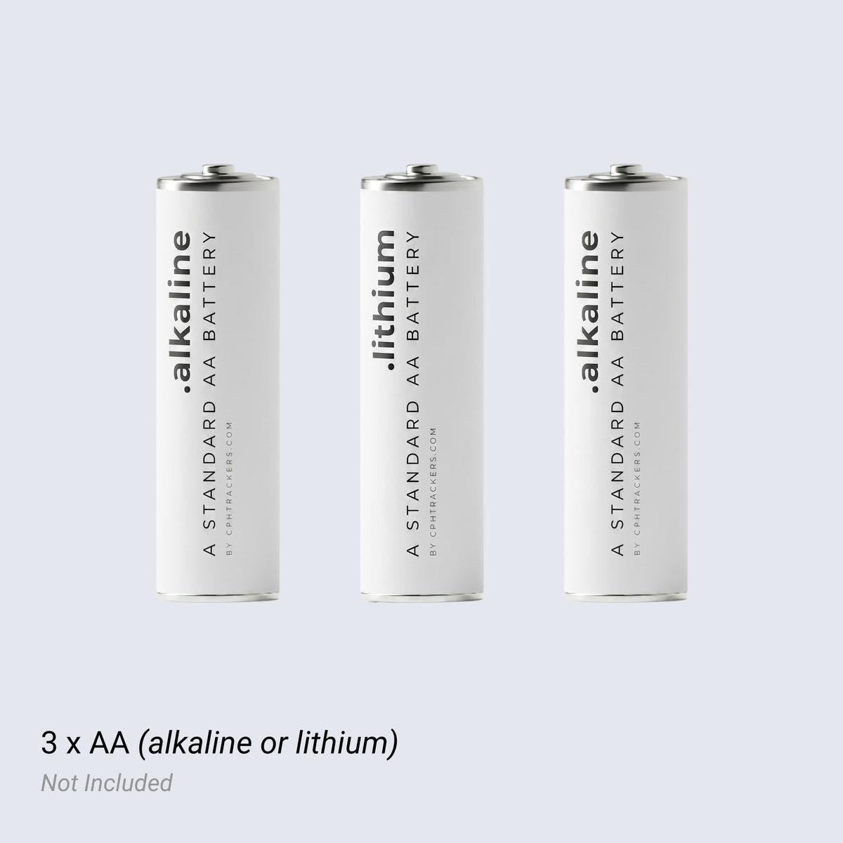 Three AA batteries labeled 'alkaline' and 'lithium' on a light gray background.