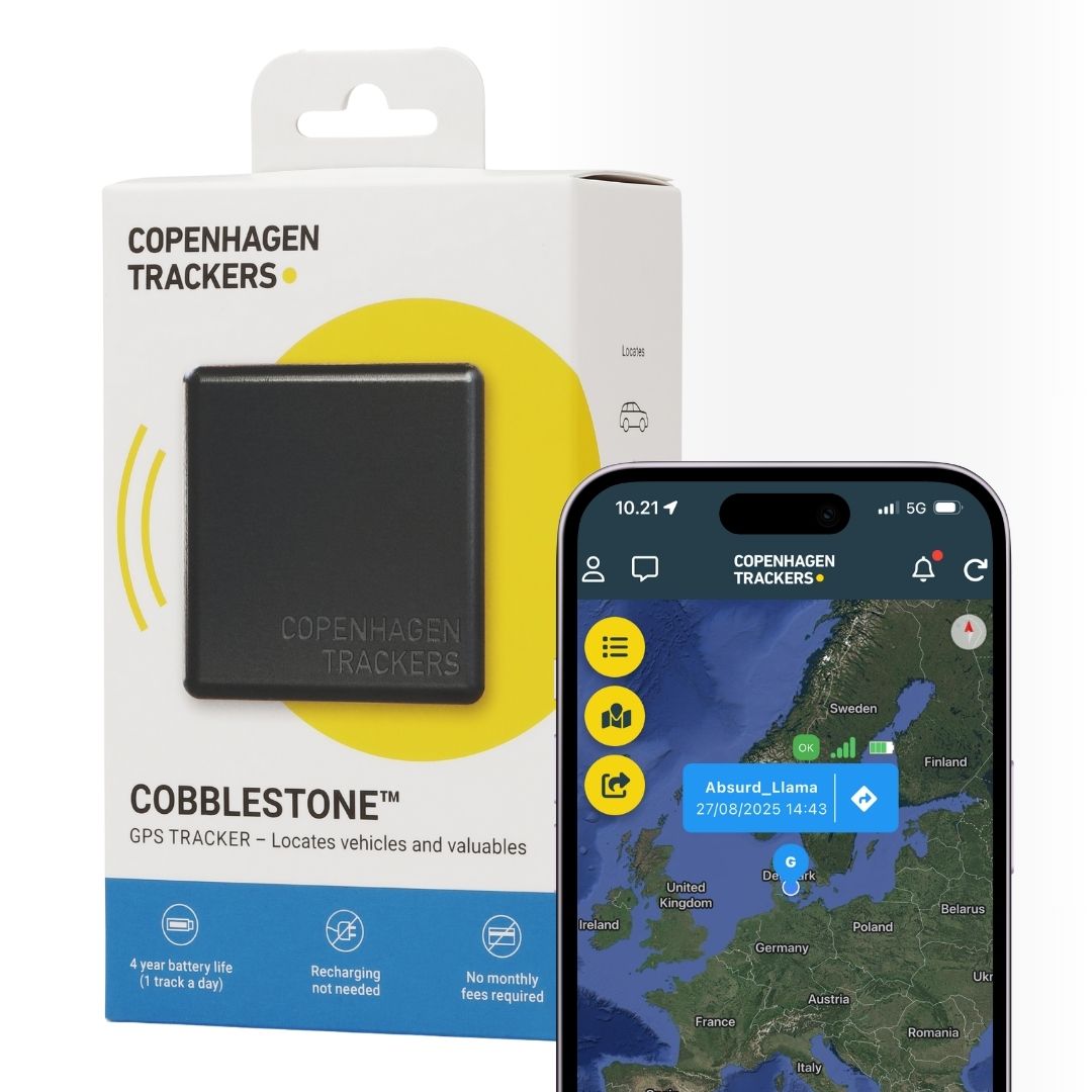 Copenhagen Trackers GPS tracker packaging with smartphone displaying app interface