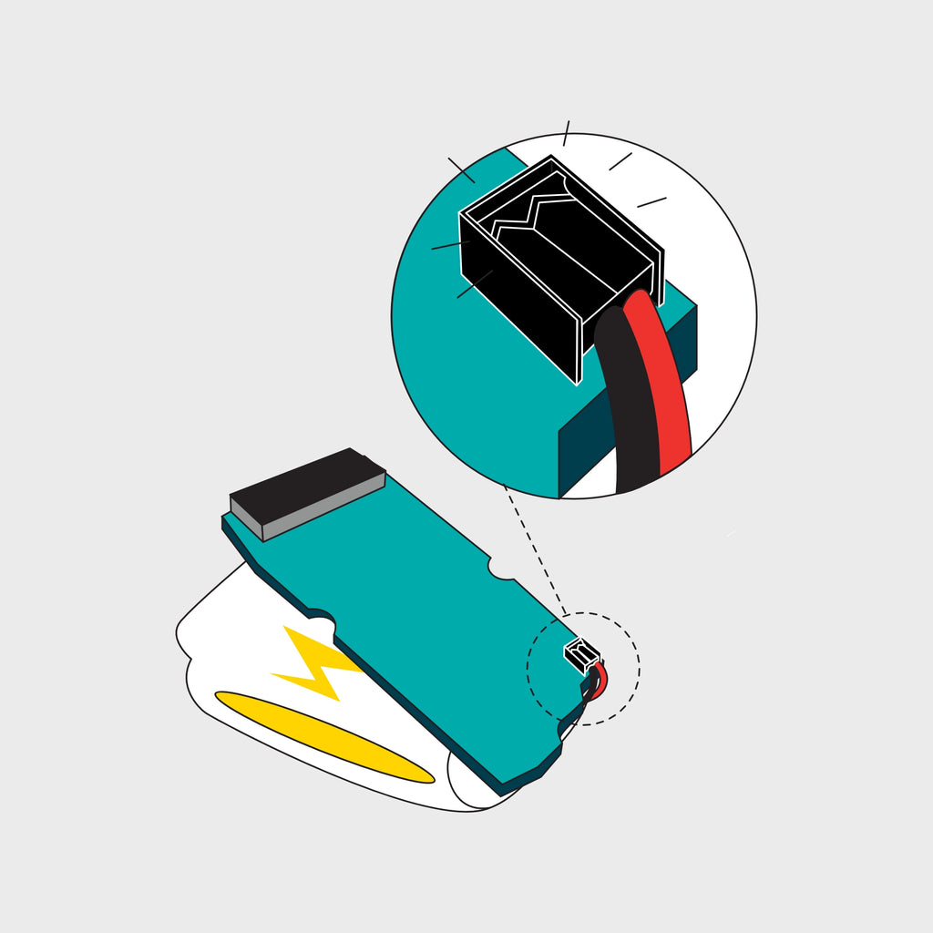 Circuit board graphic with battery pack underneath, highlighting a black connector on the bottom right
