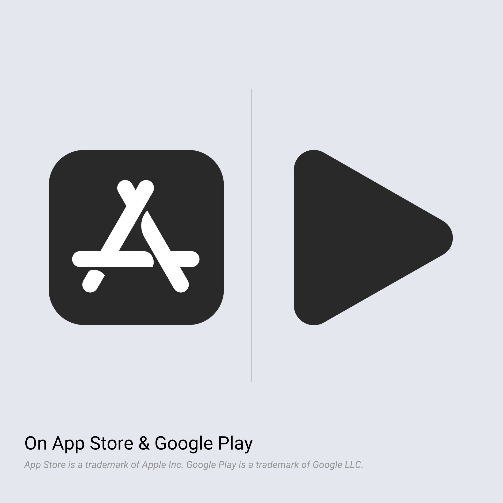 App Store and Google Play icons on a light gray background